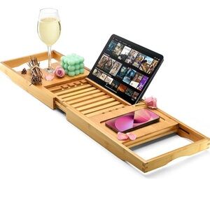 Foldable Bathtub Tray Caddy - Waterproof Wooden Bath Organizer- Expandable